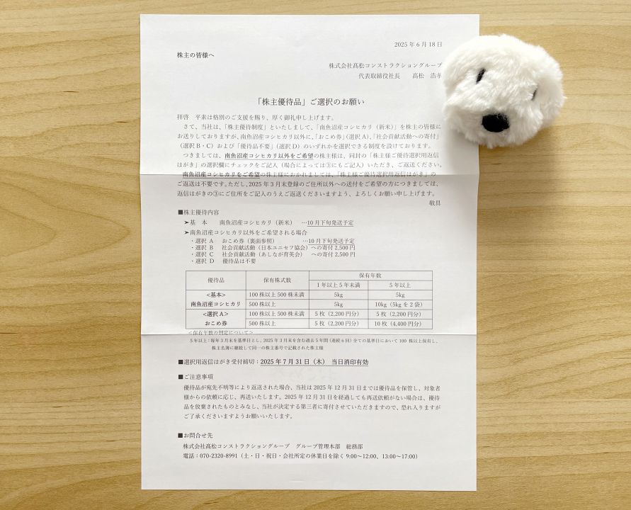 高松コンストラクショングループ　株主優待　お知らせ